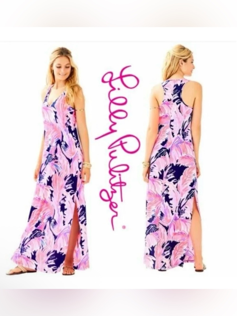 Lilly Pulitzer Kerri Maxi Dress in the vibrant pink and navy Paradise Point palm